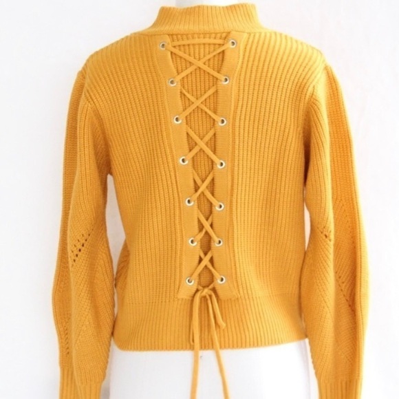 Topshop Mustard Yellow Marigold Lace-Up Back Sweater Boxy Balloon Sleeves Knit - Picture 5 of 7